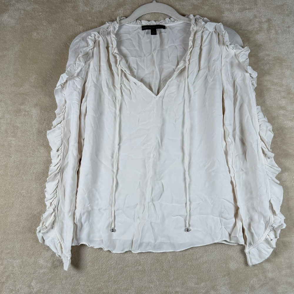 Chelsea and Walker Cream 100% Silk Ruffle Sleeve V-Neck Blouse Sz 4 AS IS FLAWED